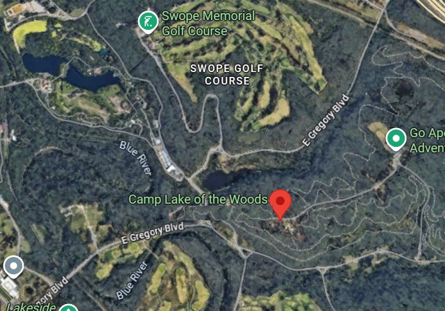 Map of Swope Park showing Camp Lake of the Woods, off East Gregory Boulevard near the Blue River